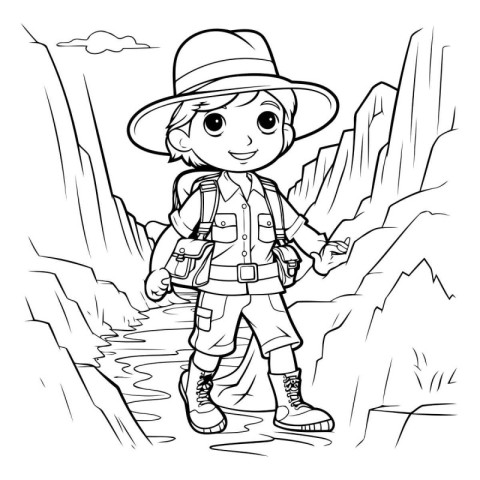 Coloring Page Outline Of a Little Boy Hiking in a Canyon