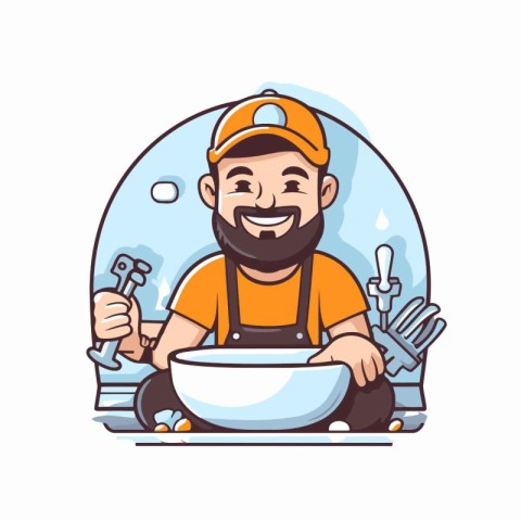 Plumber holding a bowl of water. Vector illustration in cartoon