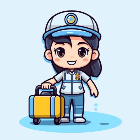 Cute Little Girl Traveler with Suitcase. Vector Illustration