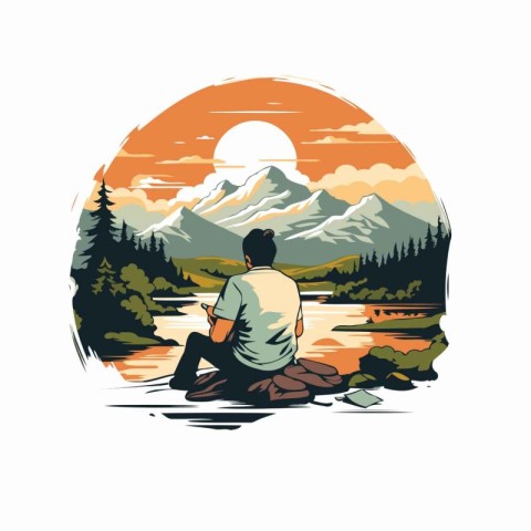 Man sitting on the shore of a mountain lake at sunset. Vector il