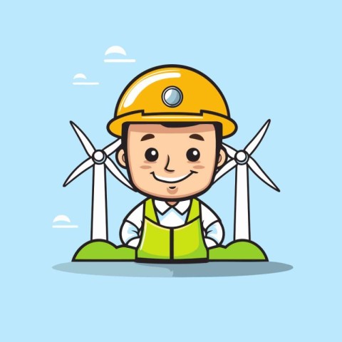 Engineer cartoon character with wind turbine and wind generator