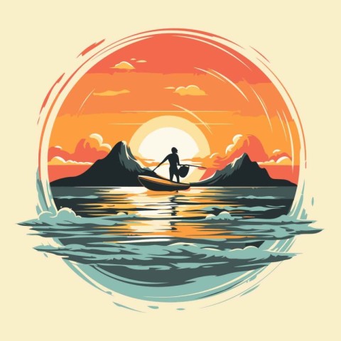 Silhouette of a man in a boat on the sea at sunset. Vector illus