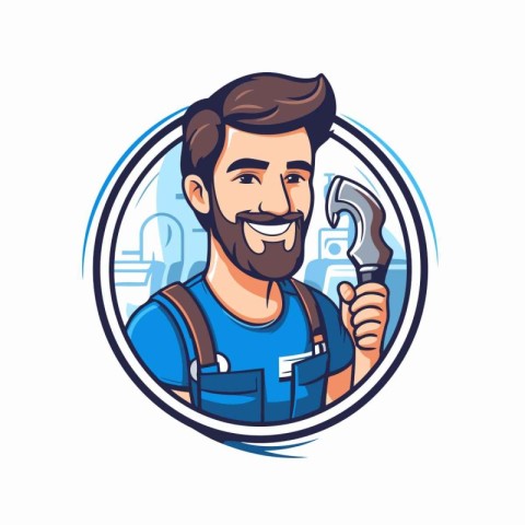 Vector illustration of a plumber holding a spanner wrench in his