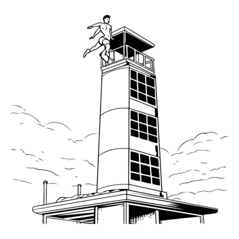 Black and white illustration of a man jumping from a high buildi