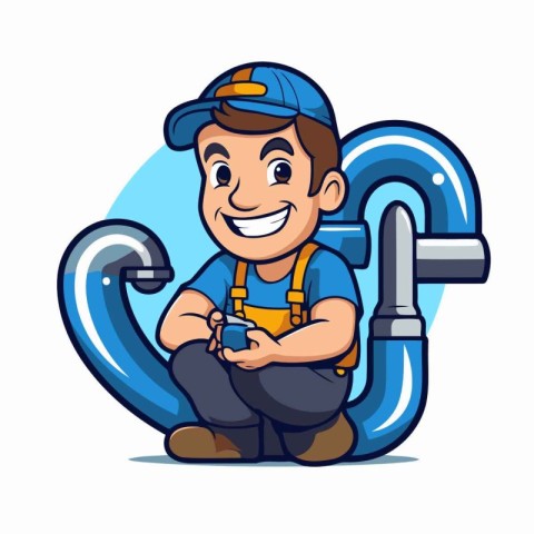 Plumber with wrench and question mark. Vector cartoon character