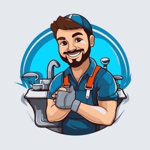 Plumber with water tap. Vector illustration of a plumber charact