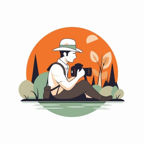 Photographer with camera in the park. Vector illustration in fla