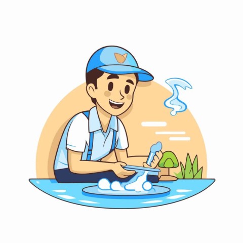 Plumber cleaning the water. Vector illustration in a flat style.