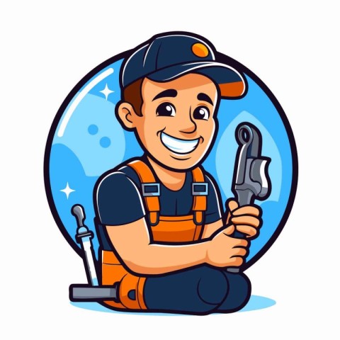 Plumber with wrench. Vector illustration of a plumber in cartoon