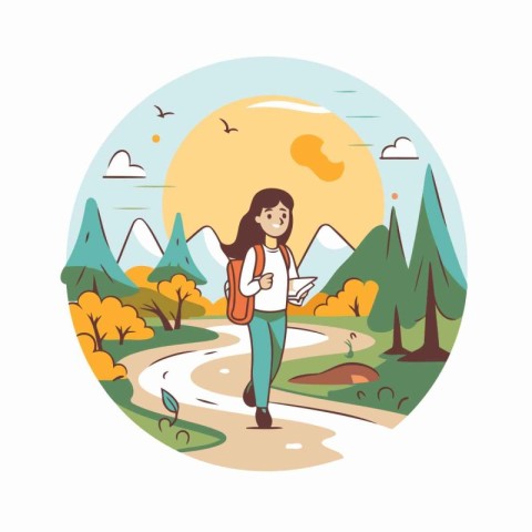 Young woman with a backpack walking in the park. Vector illustra