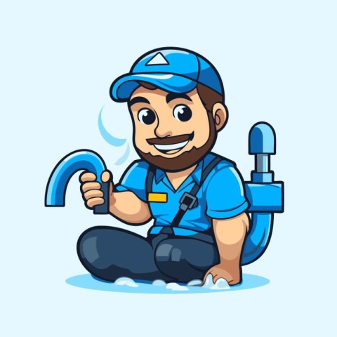 Plumber with wrench cartoon character. Vector illustration of a