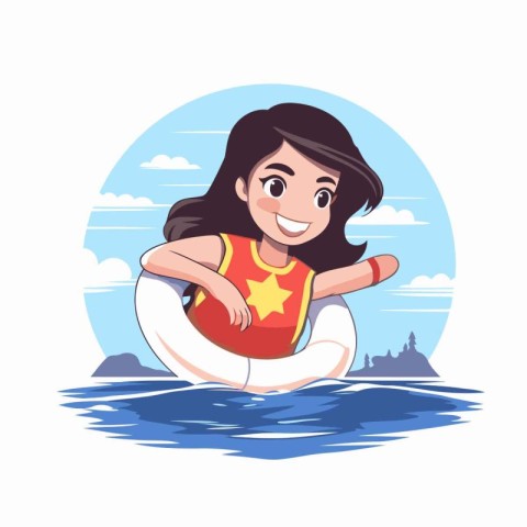 Cute girl with lifebuoy in the sea. Vector illustration.