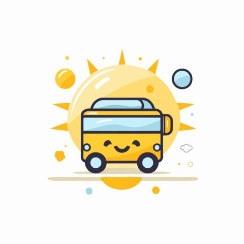 Cute yellow bus with smiling face. Vector illustration in flat s