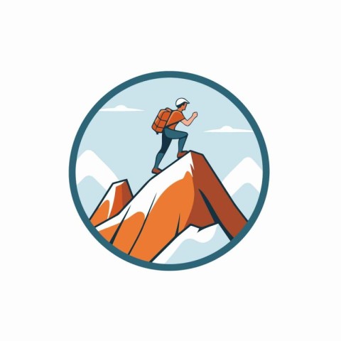 Mountain climber on the top of a mountain. Vector illustration.