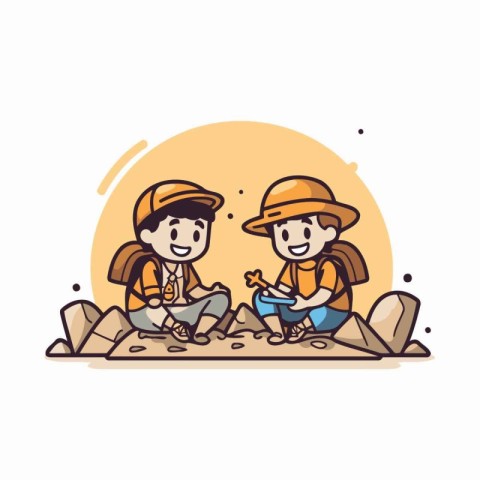 Boy and girl sitting on the rock. Vector illustration in doodle