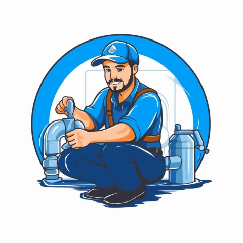 Plumber with a bottle of water. Vector illustration in cartoon s