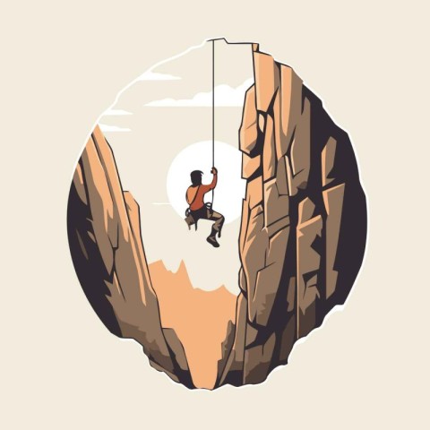 Rock climber climbing on a cliff. Vector illustration in retro s