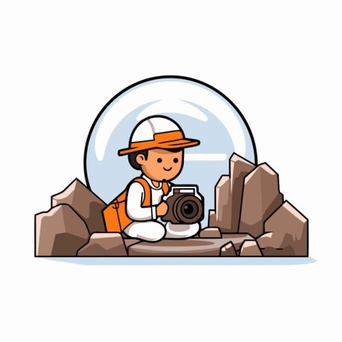 Illustration of a photographer with a camera on the rocks. Vecto