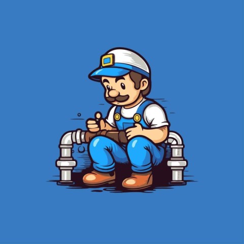 Plumber with pipe. Vector illustration of a plumber cartoon char