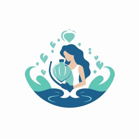 Woman in the water with a bottle of scuba diving. Vector illustr