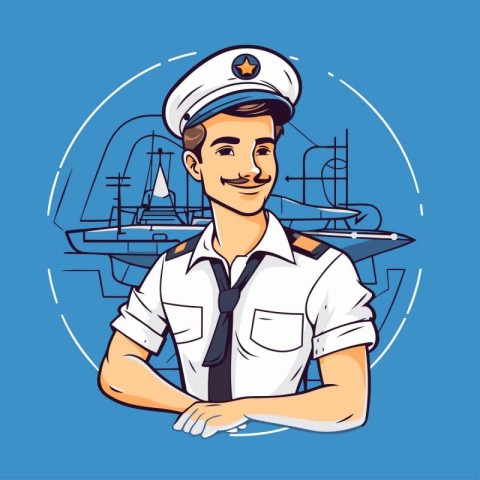 Sailor captain with ship in the background. Vector illustration.