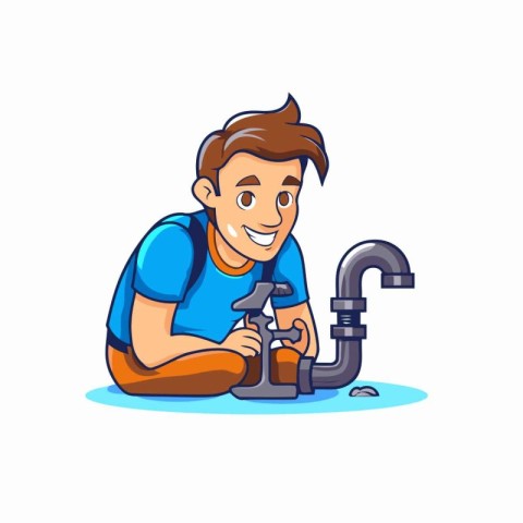 Plumber repairing faucet. Vector illustration in cartoon style.