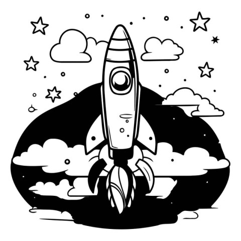 Rocket in the sky. Black and white vector illustration for color