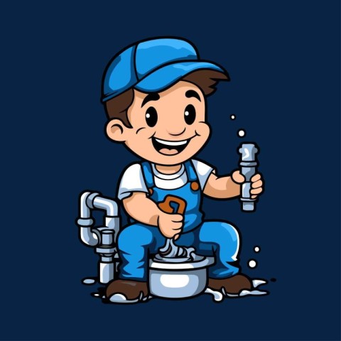 Plumber with a wrench. Vector illustration on a blue background.