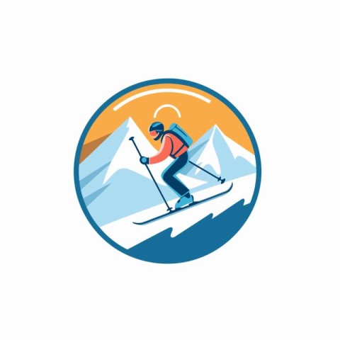 Skier logo design template. Skier in mountains icon vector illus