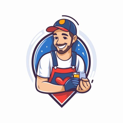 Vector illustration of a smiling plumber holding a bottle of nai