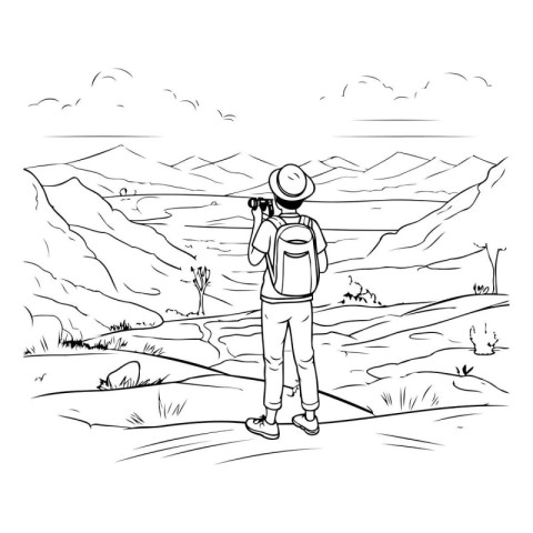 Hiker with binoculars on the mountain. Vector illustration.