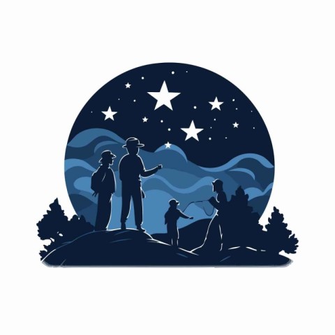 Silhouette of a family on the background of the night sky.