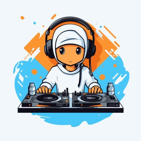 Dj playing music with headphones. Vector illustration in cartoon