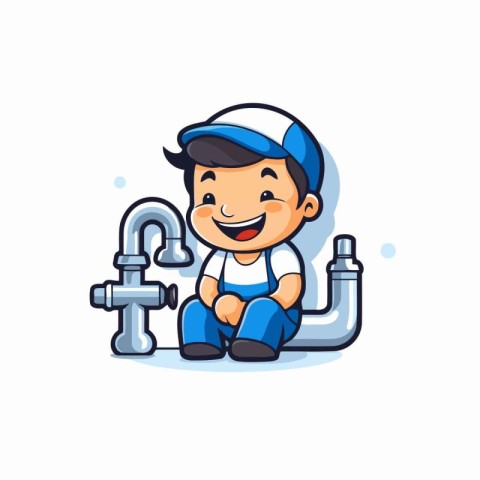 Plumber with water pipe. Plumber character. Vector illustration.