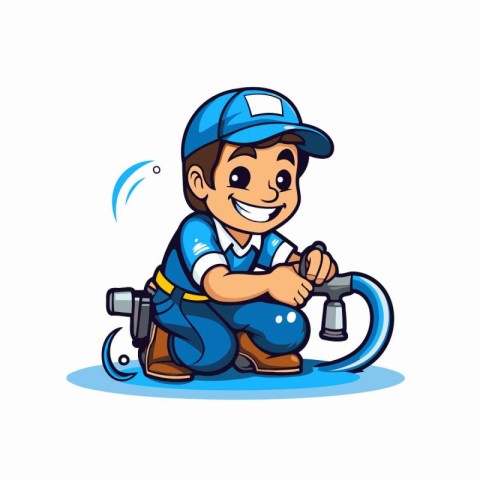 Illustration of a Cute Little Plumber Wearing Blue Uniform and H