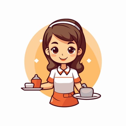 Cute little waitress holding tray with food. Vector flat cartoon