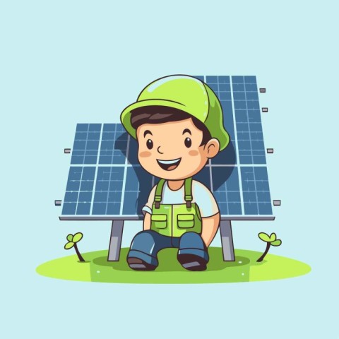 Vector cartoon illustration of a young engineer sitting in front