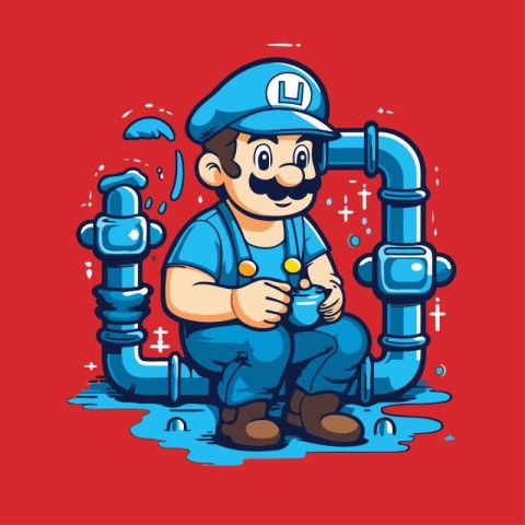 Plumber with pipe. Vector illustration. Isolated on red backgrou