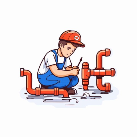 Plumber with a screwdriver in his hands. Plumbing repair. Vector