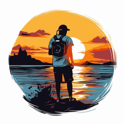 Photographer with camera on the beach at sunset. Vector illustra