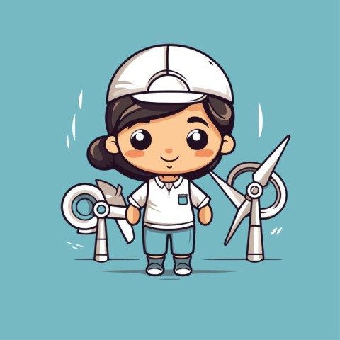 Cute Kid Engineer Holding Wind Turbine Cartoon Vector Illustrati