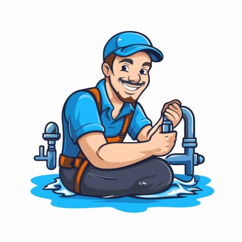 Plumber in blue uniform sitting on the floor and smiling. Vector