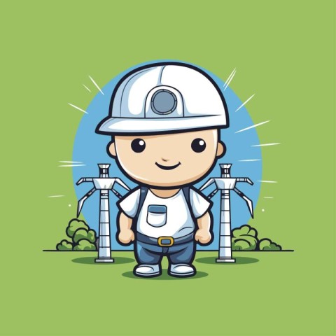 Cute engineer with wind turbine cartoon character vector illustr