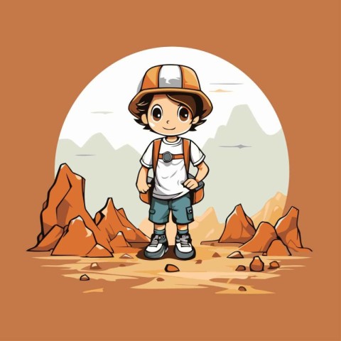 Cute little boy with backpack standing in the desert. Vector ill
