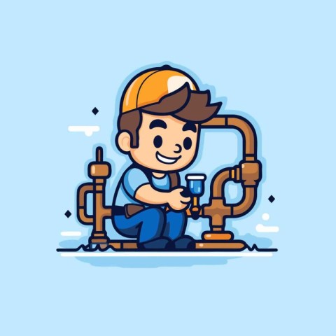 Plumber with pipe. Vector illustration in flat style. Isolated o