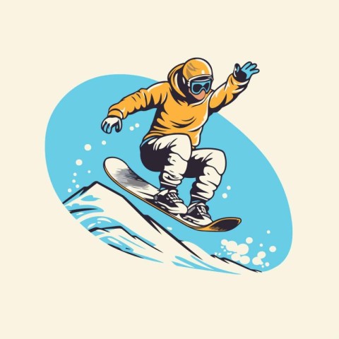 Snowboarder jumping in the air. Vector illustration in retro sty