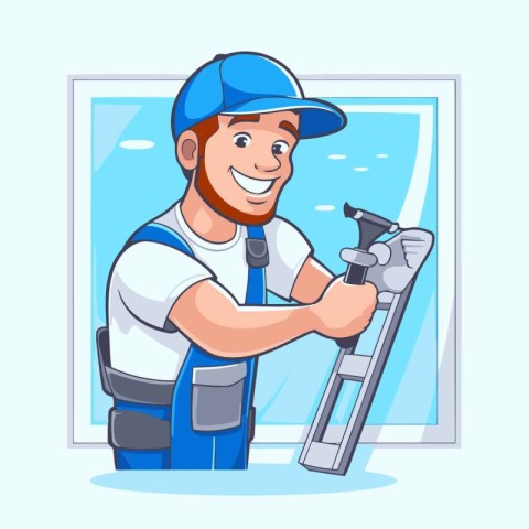 Smiling plumber at work. Vector illustration in cartoon style.