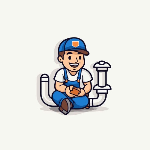 Plumber with pipe cartoon icon. Plumbing service and repair them