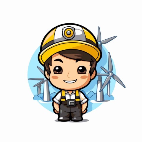 Cute engineer character with wind turbines and solar panels vect