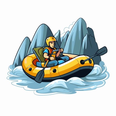 Man in a kayak on the river. Cartoon vector illustration.